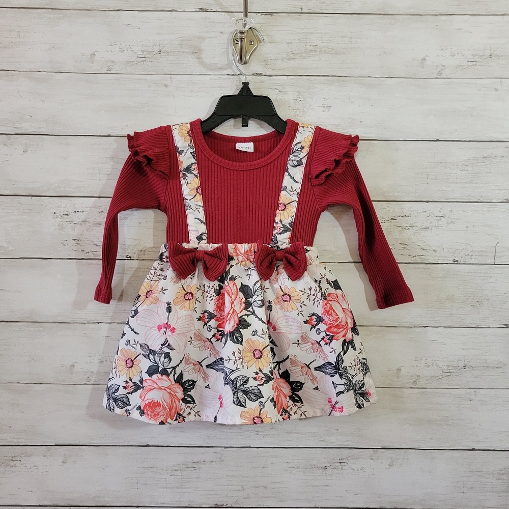 Red Floral Suspender One Piece Long Sleeve Dress for Kids Size 12-18 M - Picture 9 of 9